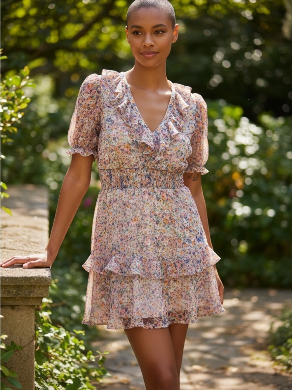 Zara Floral Ruffle V-Neck Mini Dress, XS tiered skirt smocked Pretty Western
